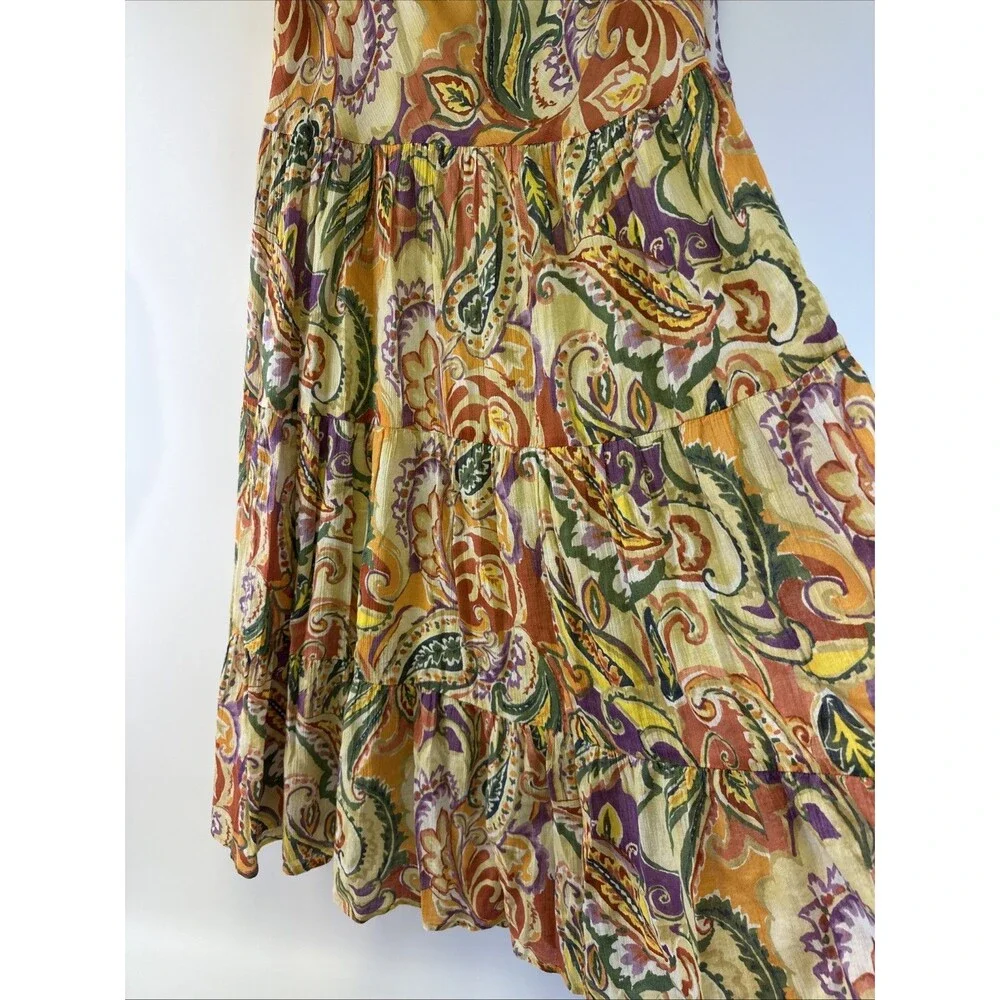 Chaps Maxi Skirt Multicolored Floral Paisley Tiered Cotton Elastic Boho Women XL